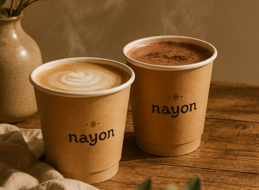 Two hot Nayon drinks with latte art, steaming on a wooden table